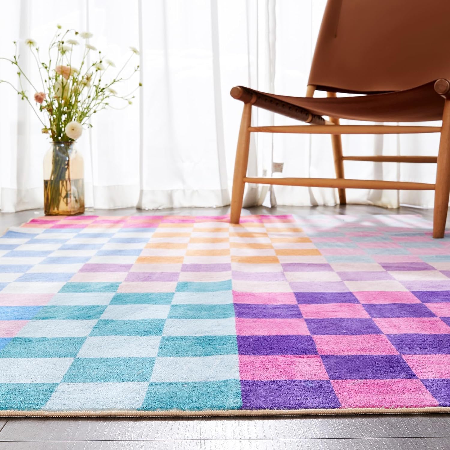 Size 8x10 Color Multicolored Checkerboard Washable Rug 8x10 Ultra Thin Retro Aesthetic Funky Area Rugs Carpet for Living Dining Room Bedroom Kitchen Office Dorm, Colorful Checkered Modern Geometric Carpet